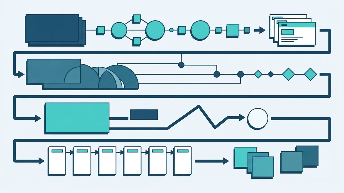 Abstract work lanes and task blocks representing Scrum, Kanban, and other Agile methods