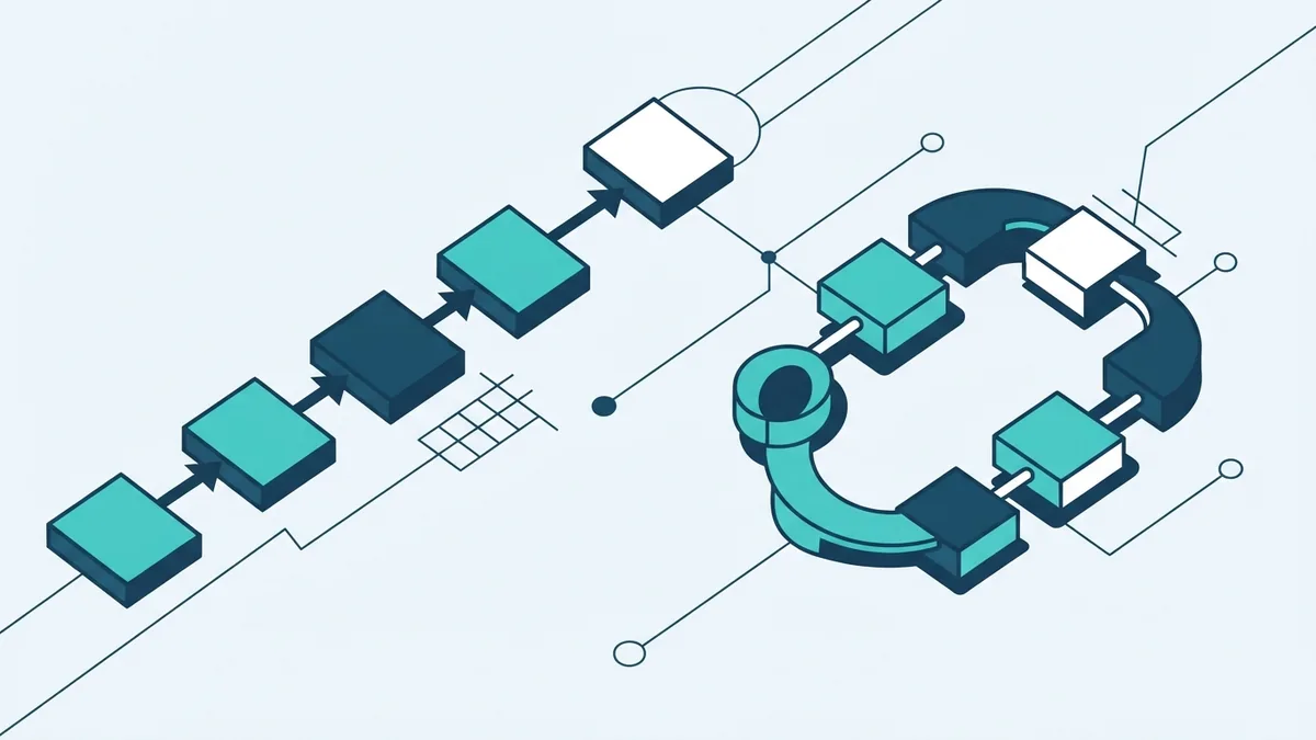 Linear stages beside an iterative loop, showing the difference between Waterfall and Agile