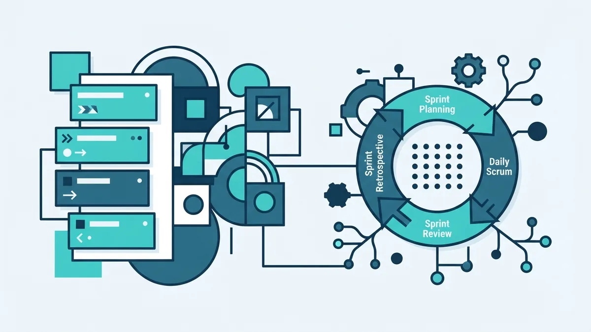 Abstract Scrum framework built from linked role, event, and work-item shapes