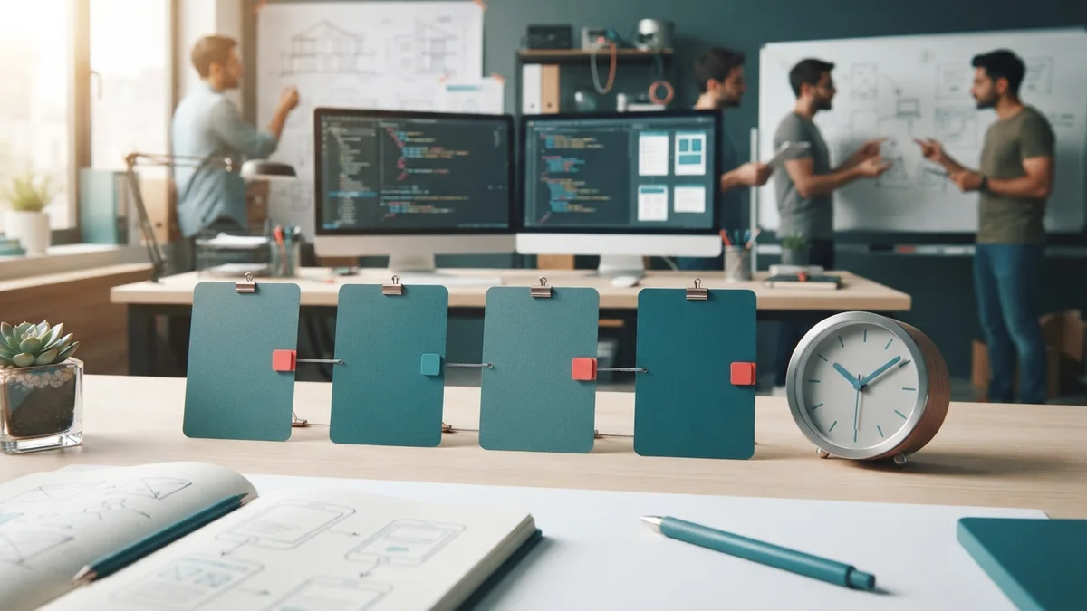 Small software release cycle shown through linked task cards and review notes