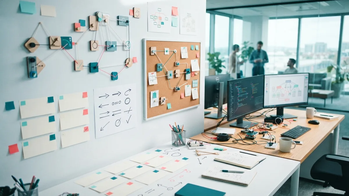 Cross-functional project planning scene with shared task cards and feedback markers