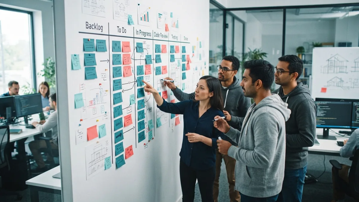 Team members reviewing a software delivery flow with linked work stages