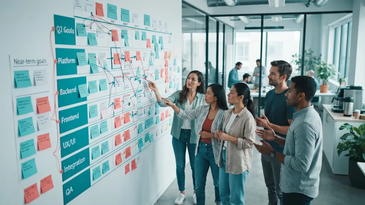 Mapping an agile product roadmap Product team mapping future goals and current software delivery work