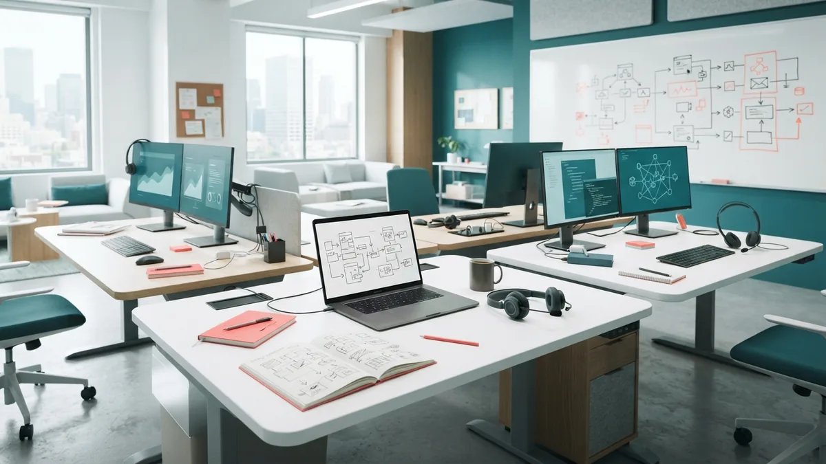 Remote software team collaborating across desks during a project review