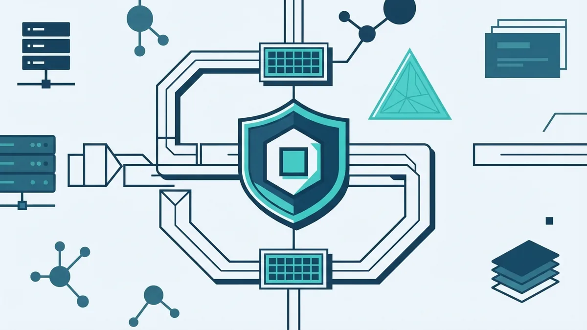 Protected API node with access gates and controlled request paths