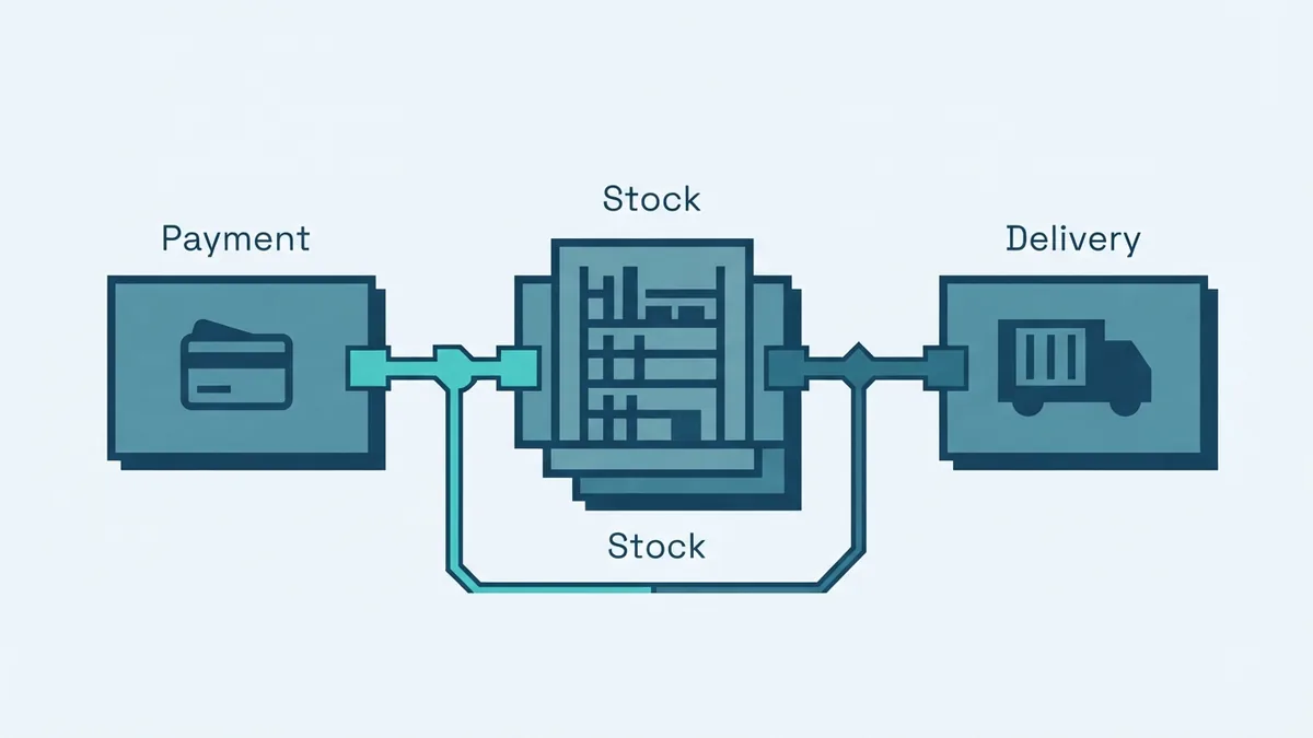 Connected services in a digital checkout Payment, stock, and delivery services joined in an abstract API flow