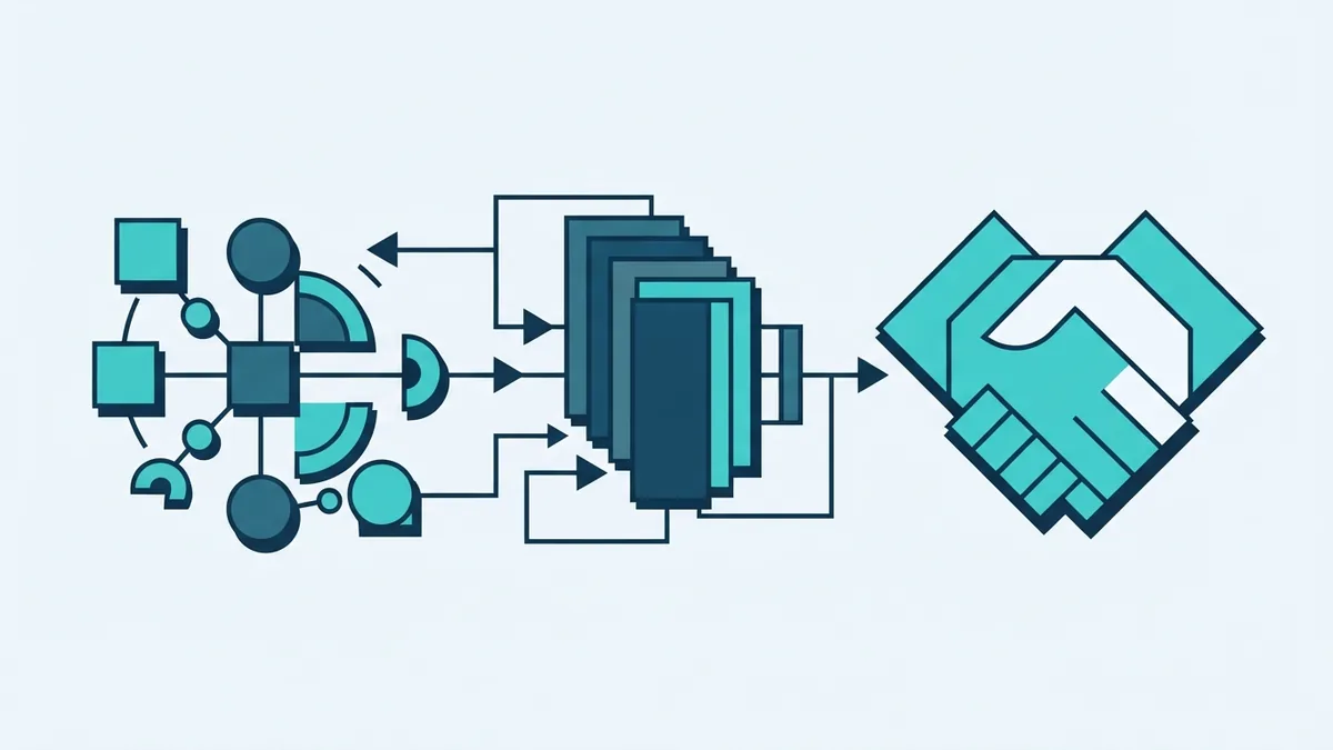 Market research, client acquisition, and deal planning shown as a connected business workflow