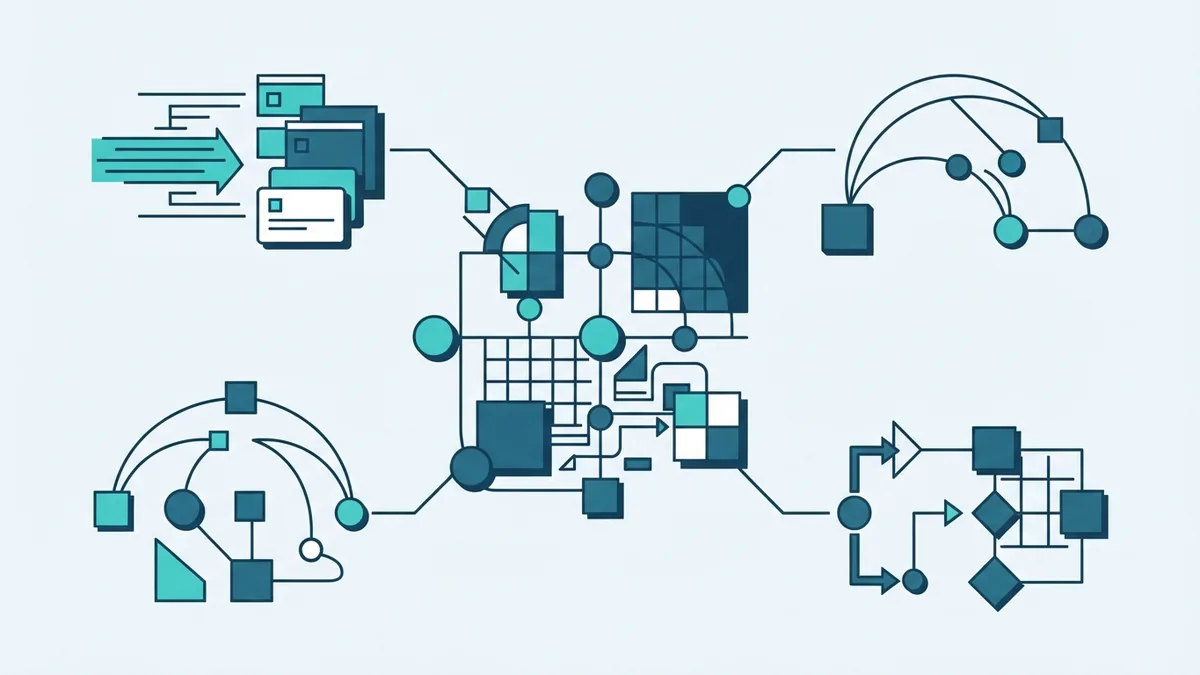 Agile framework workflow patterns Geometric Agile workflow structures showing linked Scrum and Kanban process patterns