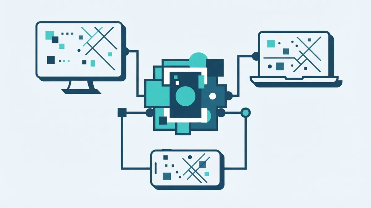 Compare app types and platforms Abstract comparison of browser, desktop, and mobile app formats linked by shared software