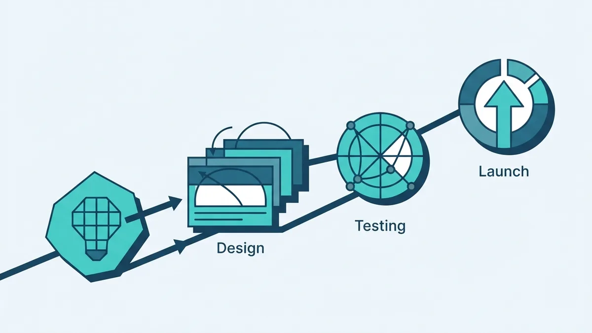 Abstract app build process shown as connected stages from planning through testing and release