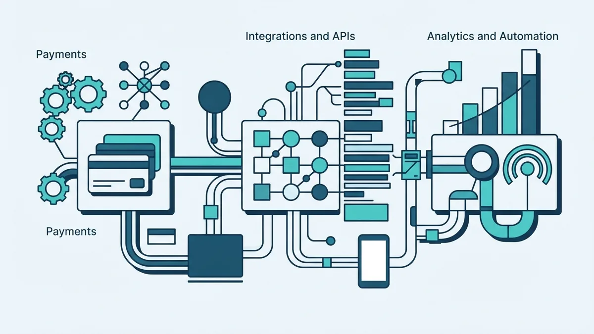 Three abstract service and commerce systems linked by simple data paths