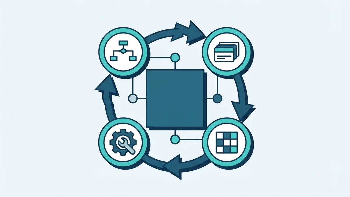 Agile development cycle Geometric Agile development cycle with linked stages and integration nodes