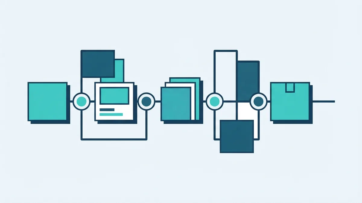 Geometric lifecycle flow showing linked stages from planning through software release