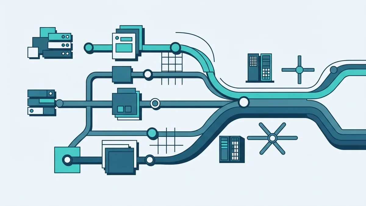 Three abstract agile work paths joining one software delivery route