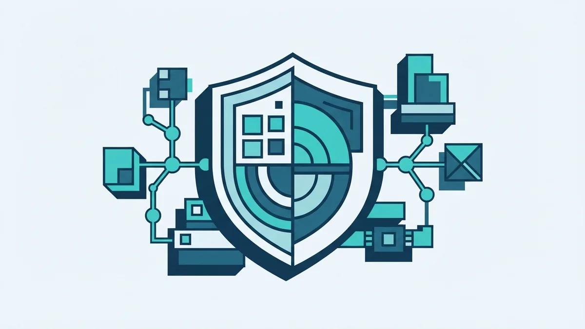 Abstract secure software pipeline with shield form, linked nodes, and system blocks
