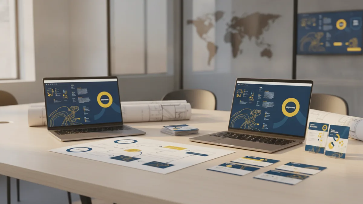 Business process automation planning Business teams reviewing connected software processes through charts and workflow notes