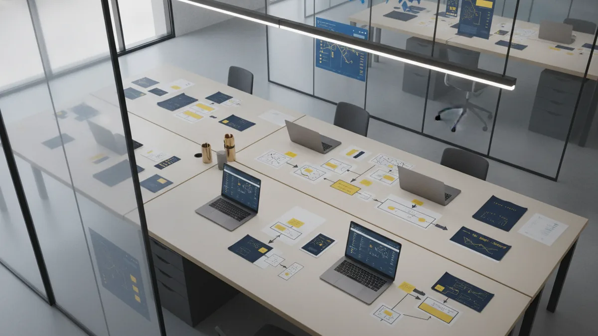 Business application development setup Software development planning setup with diagrams, laptops, and system connection notes