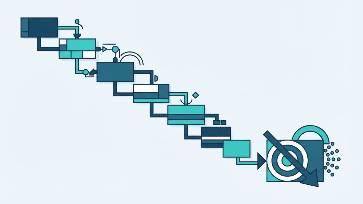 Linear software process shown as linked stages moving toward one release point