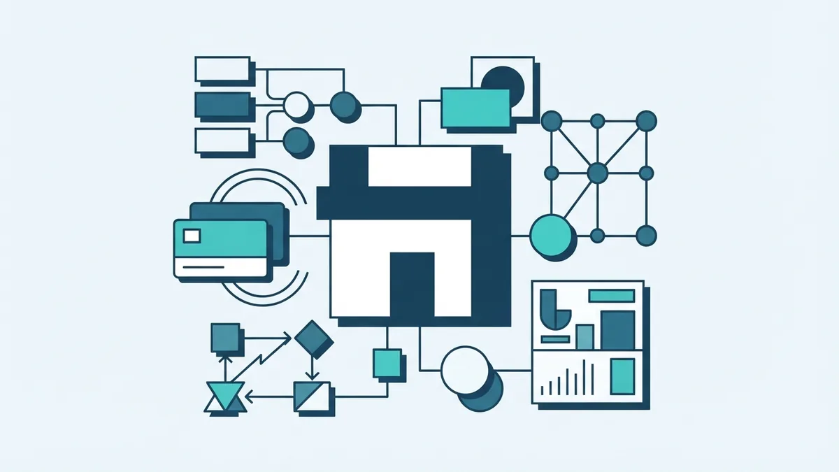 Modular ecommerce components showing theme, app, payment, and stock connections