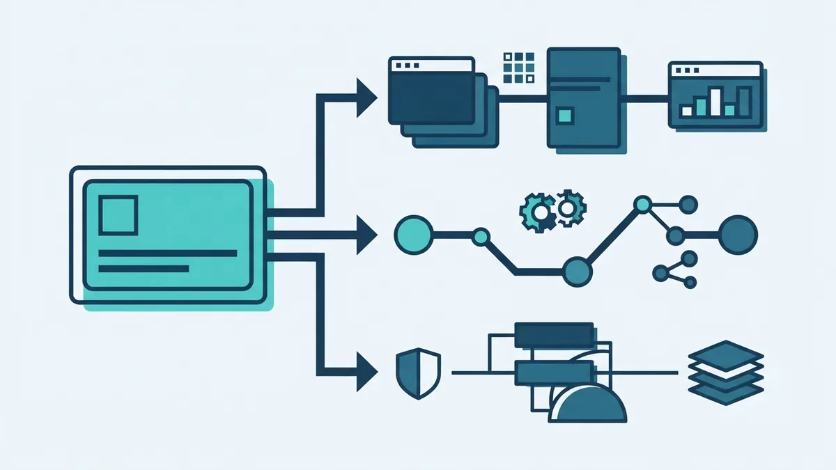 Abstract customer record flowing through connected CRM business processes