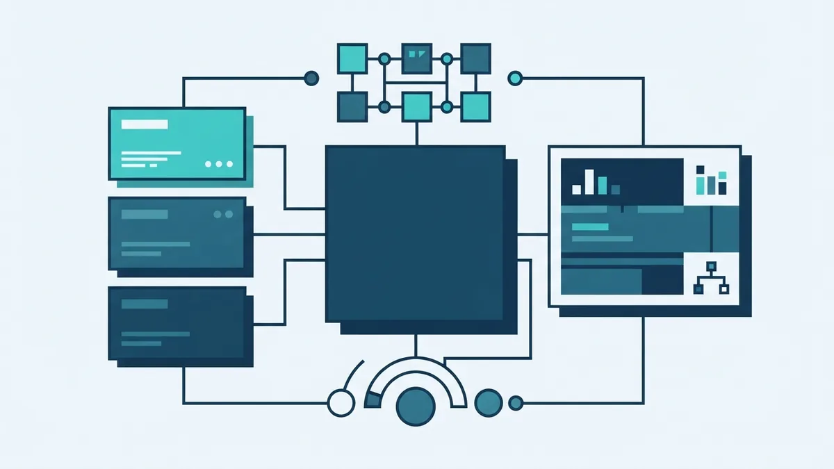 Modular CRM feature blocks linked around a central business data system