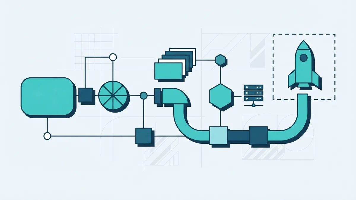 Abstract automated release path showing linked steps for software testing and delivery