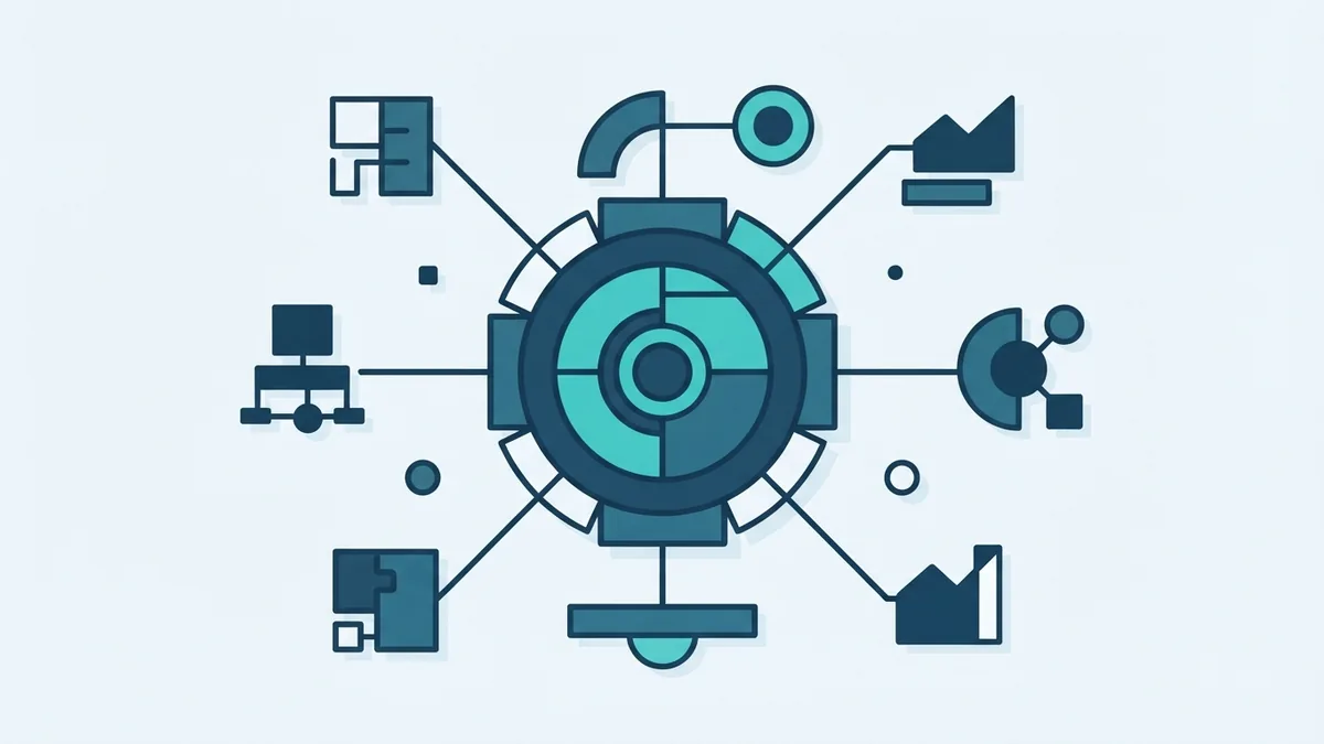Connected teams and systems Connected system nodes around a central hub to represent shared DevOps work