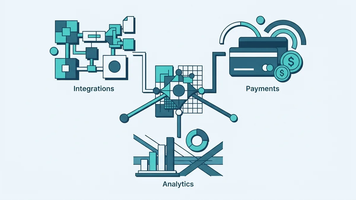 Abstract analytics hub connecting model outputs to finance, healthcare, and marketing use cases
