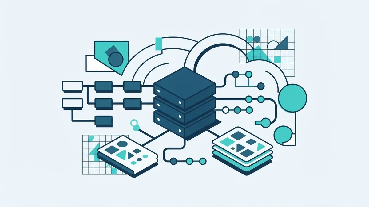 Abstract server and cloud architecture with connected nodes and structured data pathways