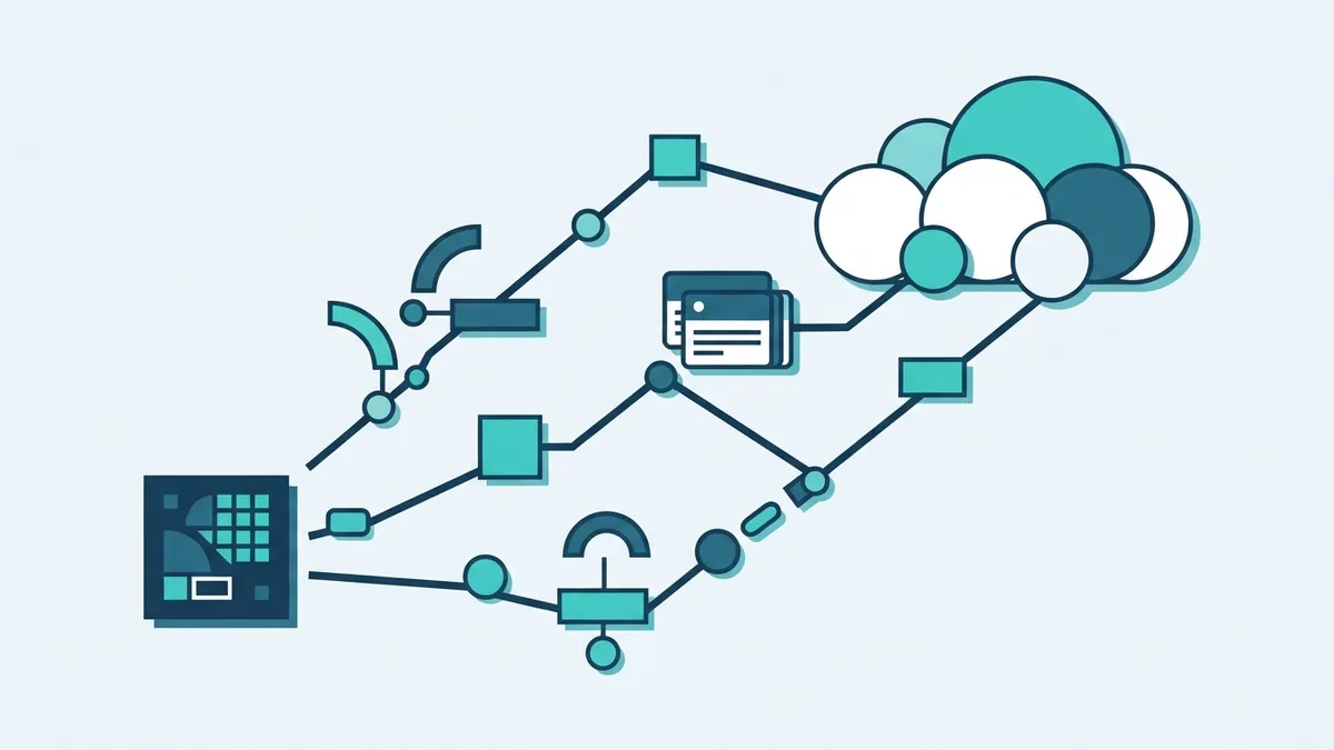 Abstract workload blocks split into different paths toward cloud services