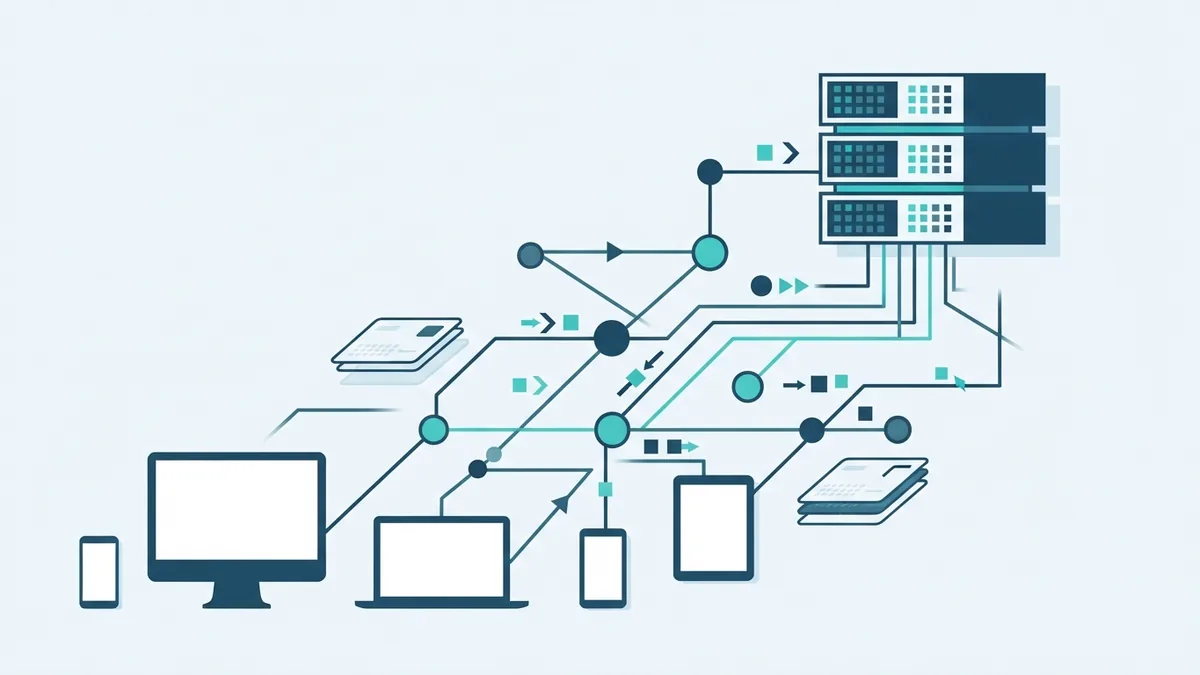How online software reaches devices Abstract server and device shapes linked by data paths to explain SaaS delivery
