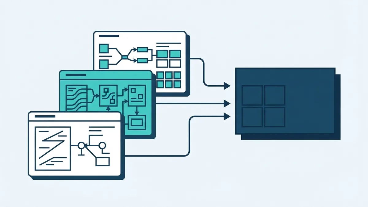 Scrum artifacts and finished work Layered geometric cards representing the Scrum backlog and usable Increment