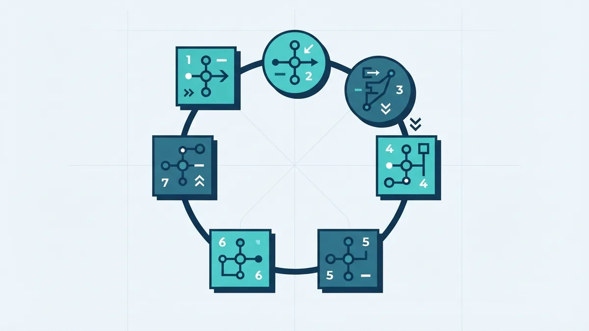 Connected software development stages Geometric workflow showing connected software development stages and system handoffs