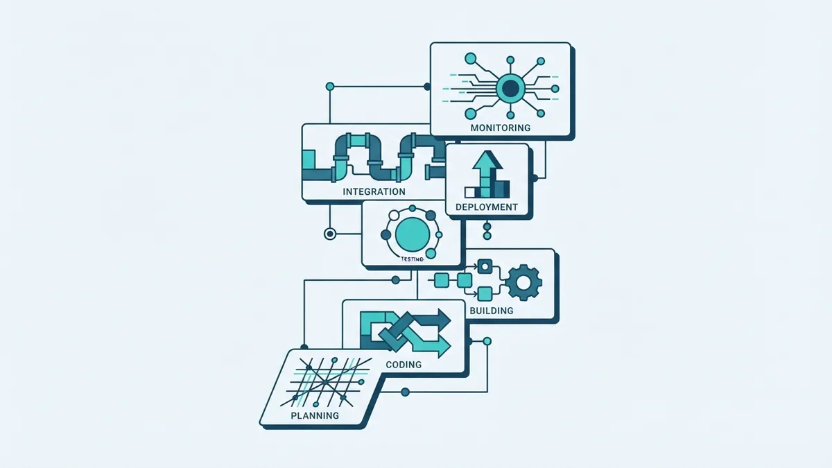 Seven linked software development stages Seven abstract software development stages linked in a clear system flow