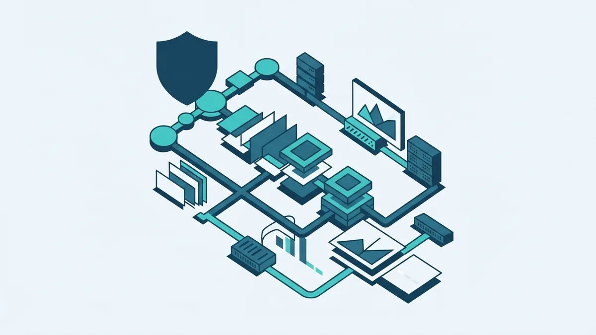 Security across the SDLC Abstract secure software pipeline with shield shape and connected data nodes