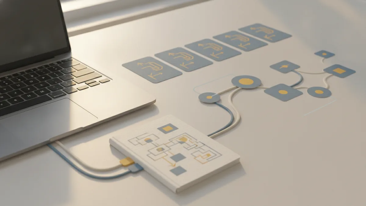 Developer reviewing software life cycle stages beside a laptop and planning notes