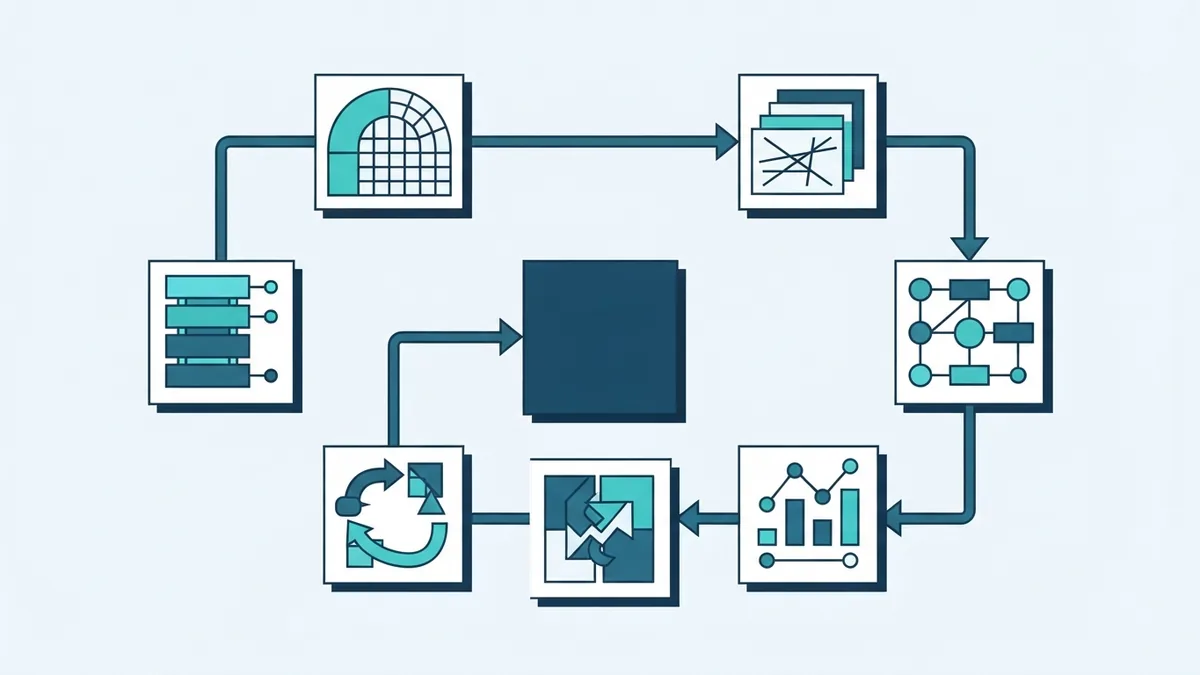 Seven linked software delivery stages Seven connected geometric modules showing a clear software delivery process