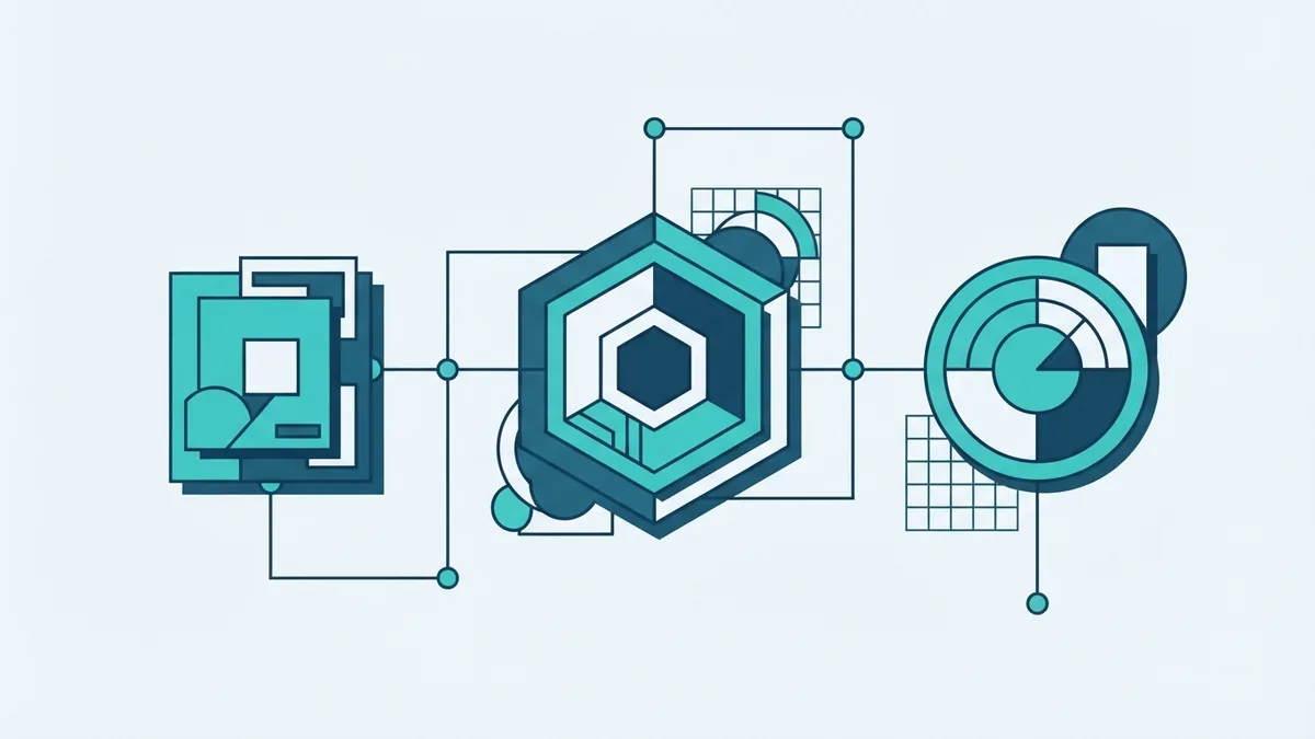 Three linked geometric cards representing Scrum backlogs and a product increment
