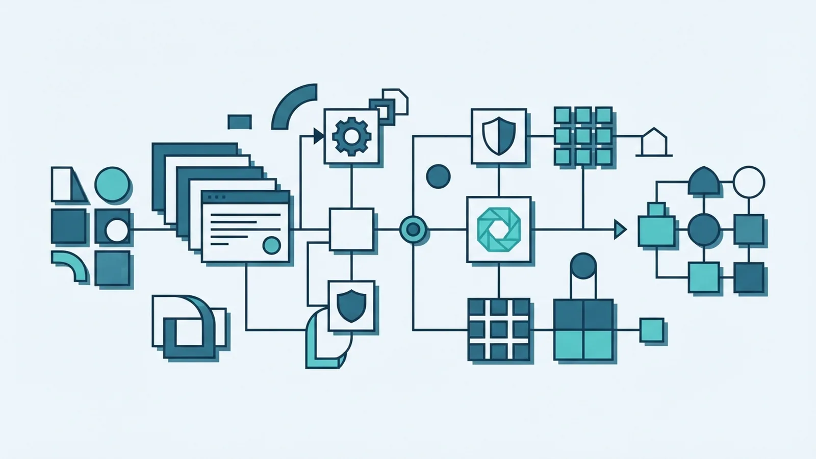 Connected software release pipeline Geometric software release pipeline with connected cards and a bright turquoise focal point