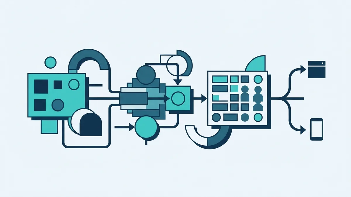 DevOps pipeline stages Geometric DevOps pipeline with linked stages, bold blocks, and connected automation nodes