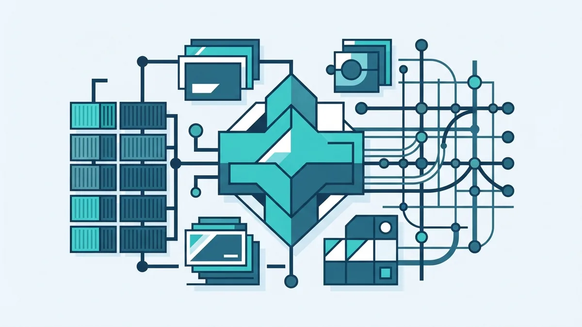 Abstract DevOps tools with container blocks, infrastructure nodes, and automated system links