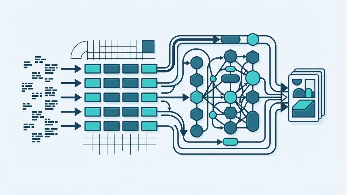 How token patterns train a model Geometric token blocks flowing through a network to represent language model training