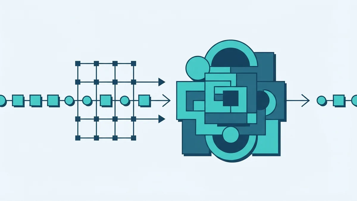 LLM training data flow Abstract data blocks flowing into a model to show how large language models learn from examples