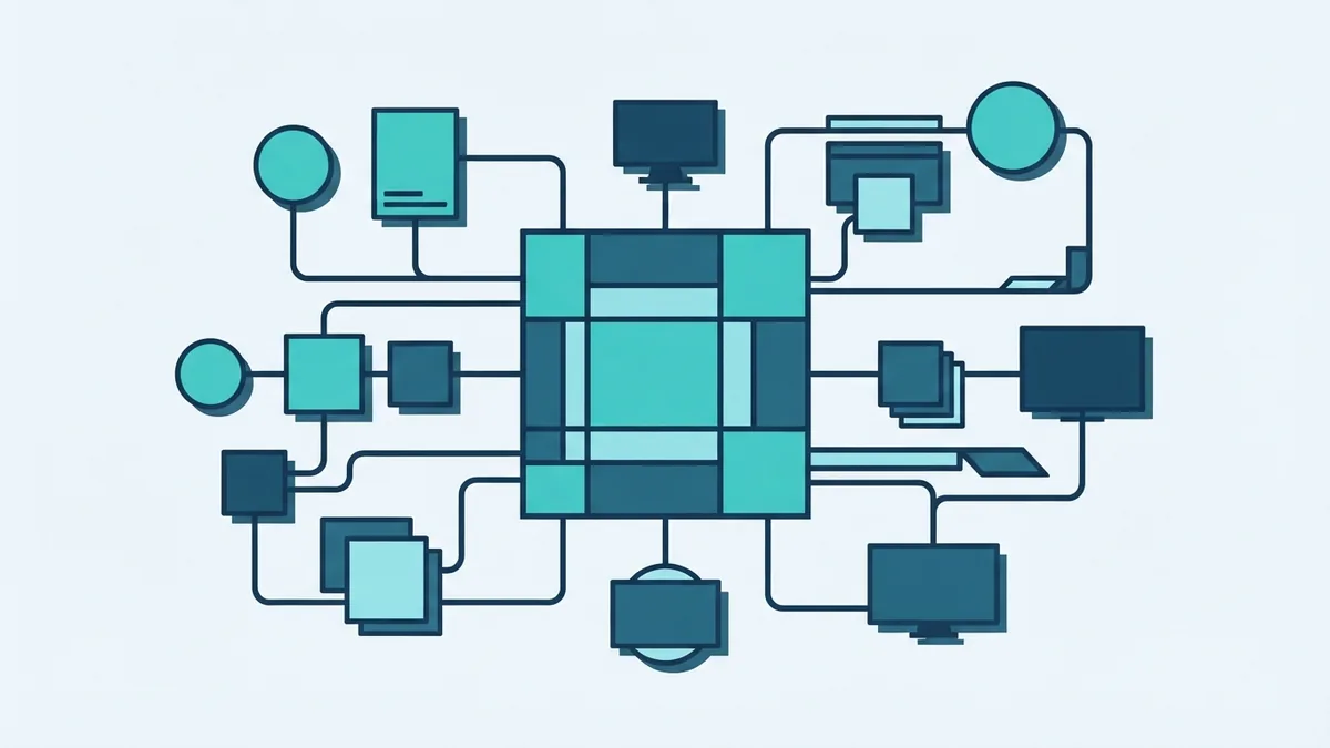Connected token nodes around a central grid showing how attention links parts of a prompt