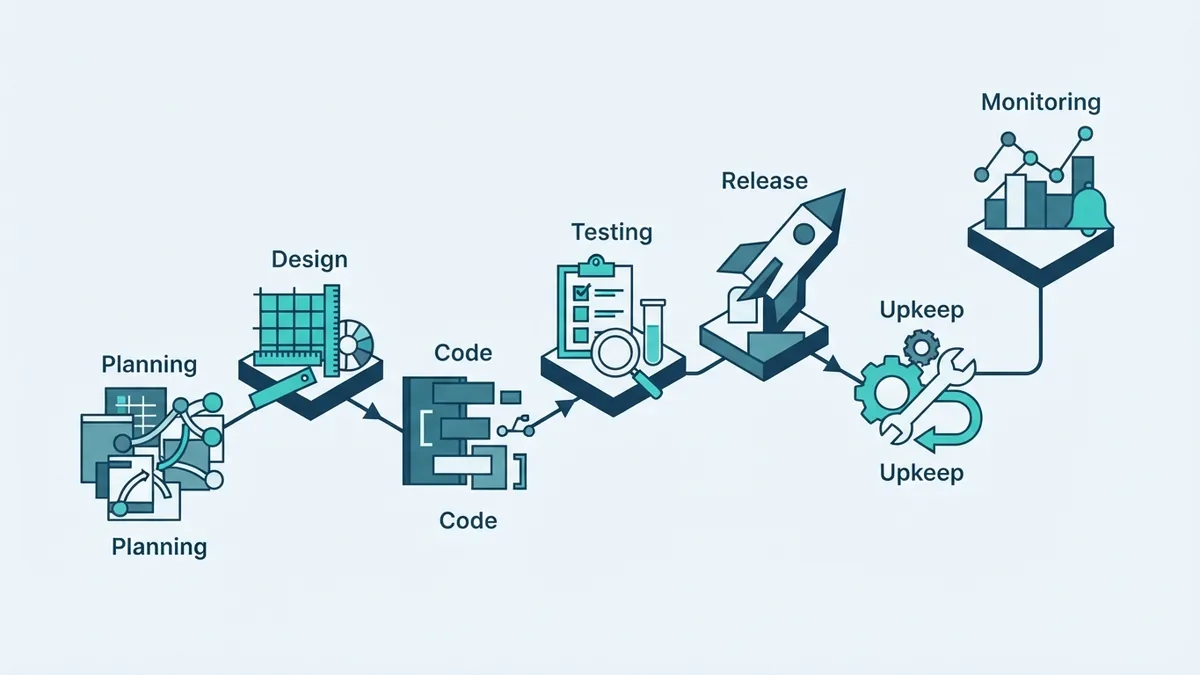 Seven geometric stages connected in sequence to represent software planning, build, testing, release, and upkeep