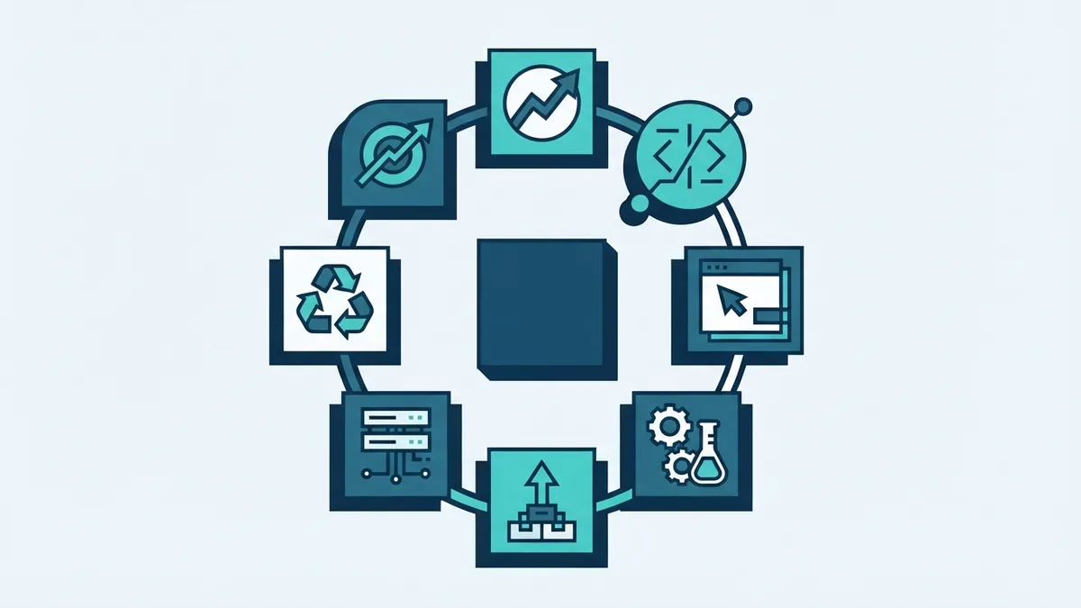 Geometric lifecycle flow showing connected stages for software planning and delivery
