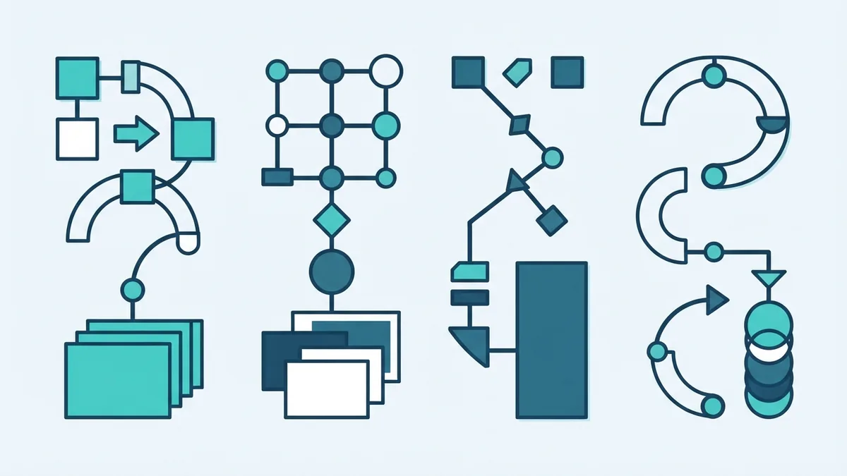 Software delivery model paths Abstract comparison of software delivery paths using nodes, arcs, grids, and layered shapes