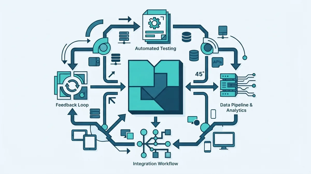 Geometric software testing loop with linked feedback nodes and a clear central focus