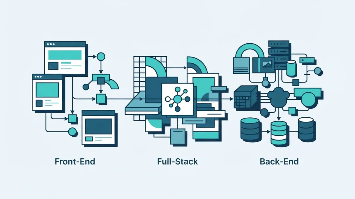 Abstract diagram of connected front-end, back-end, and full-stack web development layers