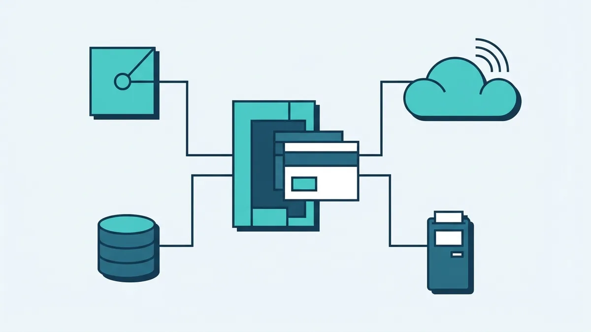 Connected API technology systems Geometric API gateway connecting apps, databases, cloud services, and payment systems